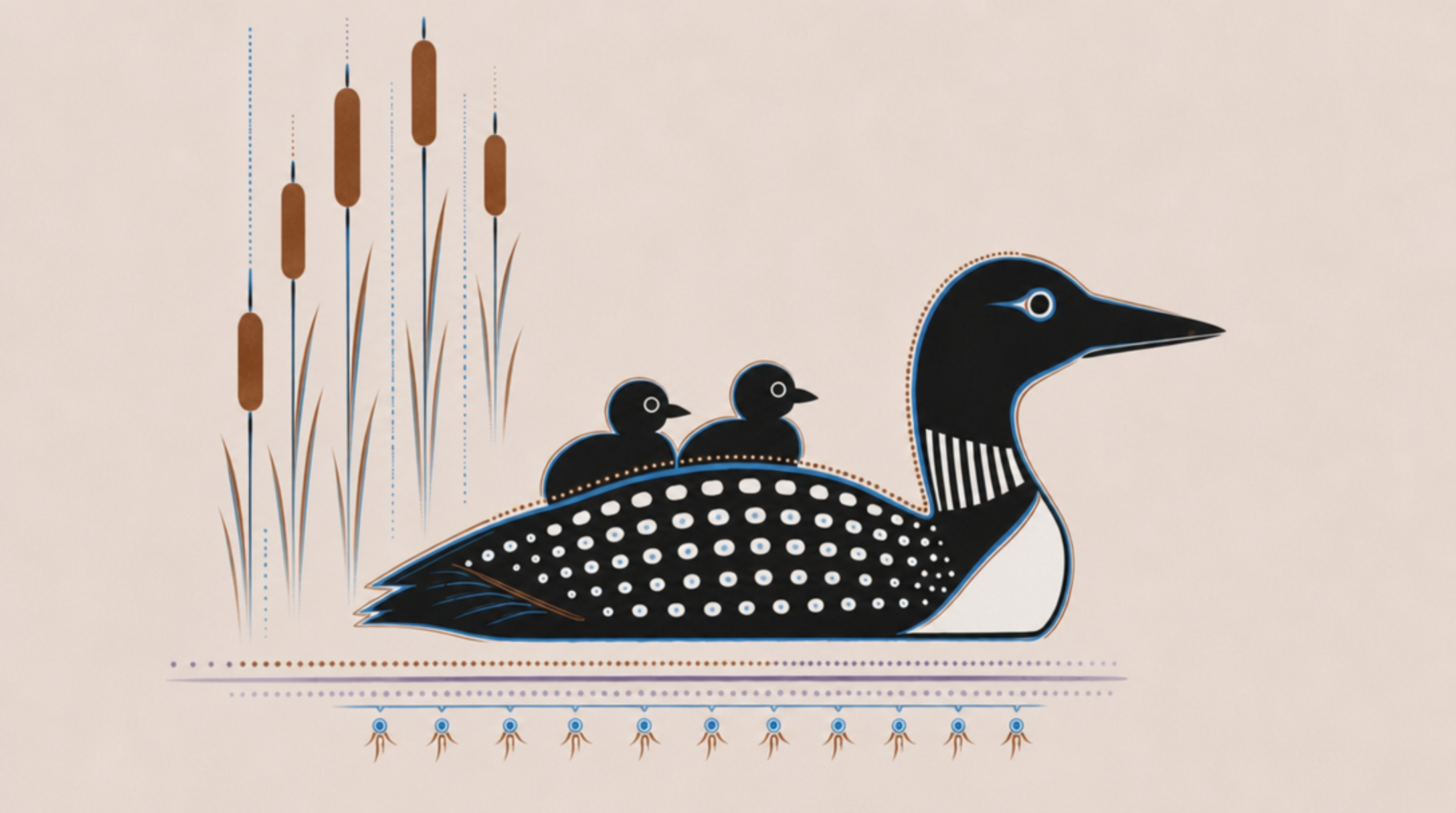 A loon with two chicks on her back, illustrated in a folk art style with cattails